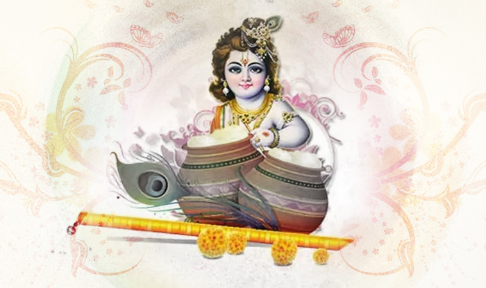 श्री कृष्णा बाल रूप में मक्खन खाते हुए